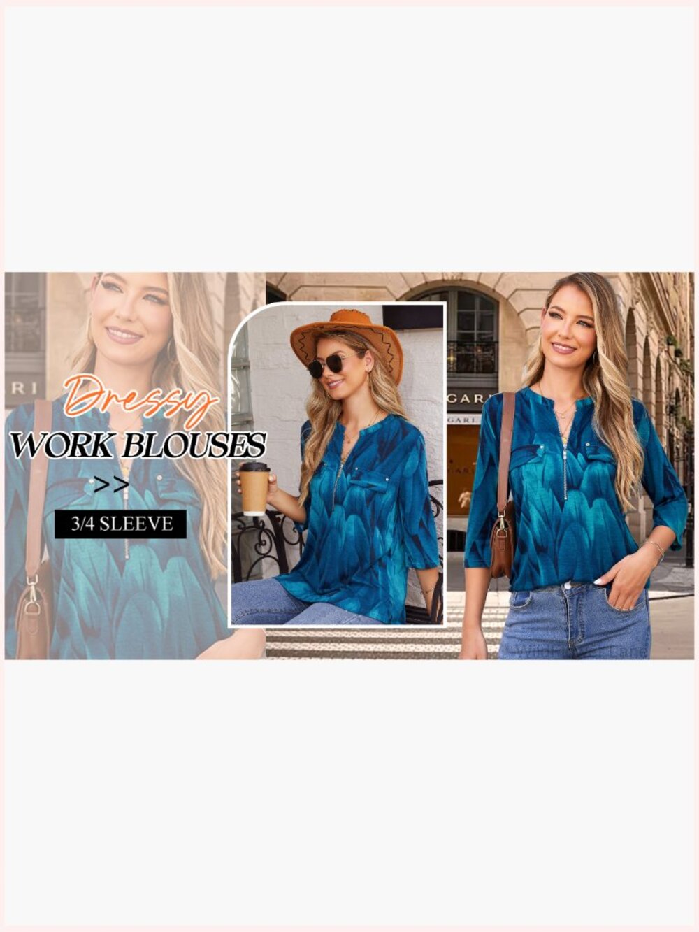 3/4 Sleeve Tunic with Leggings V-Neck Zipper Casual Blouse - Picture 6 of 7